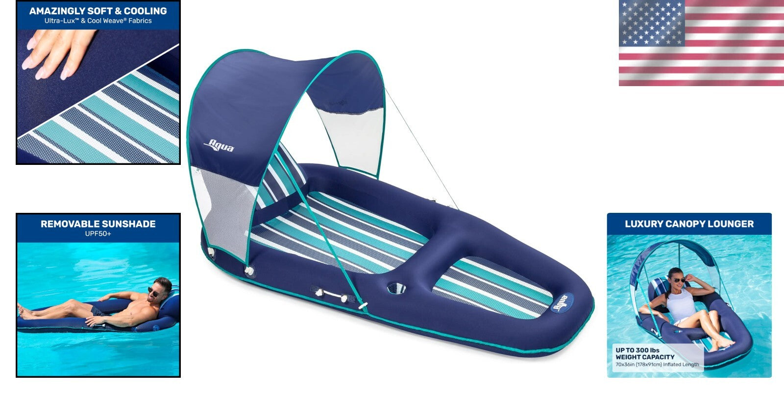 Oversized Comfort Pool Float - Inflatable with Headrest, Canopy & Cup Holder