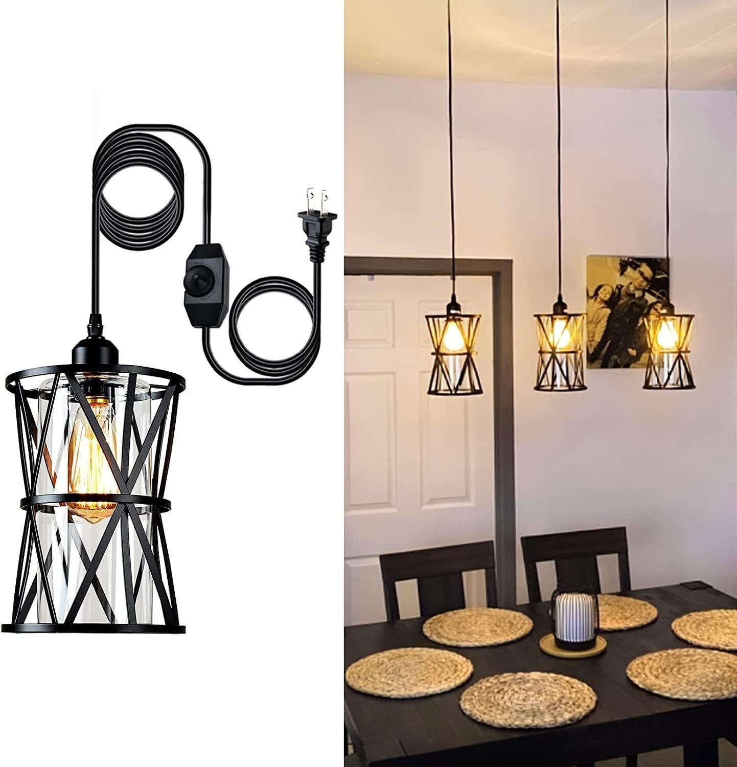 Elegant Farmhouse Plug-in Hanging Light for Dining Room & Kitchen - Dimmable
