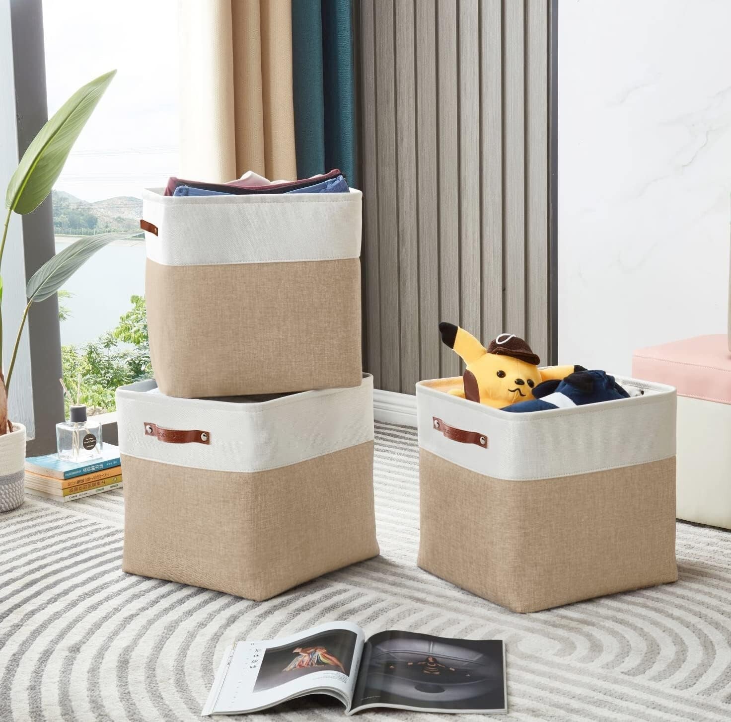 Durable 13 Inch Cube Storage Bins - Beige & White - Perfect for Organizing