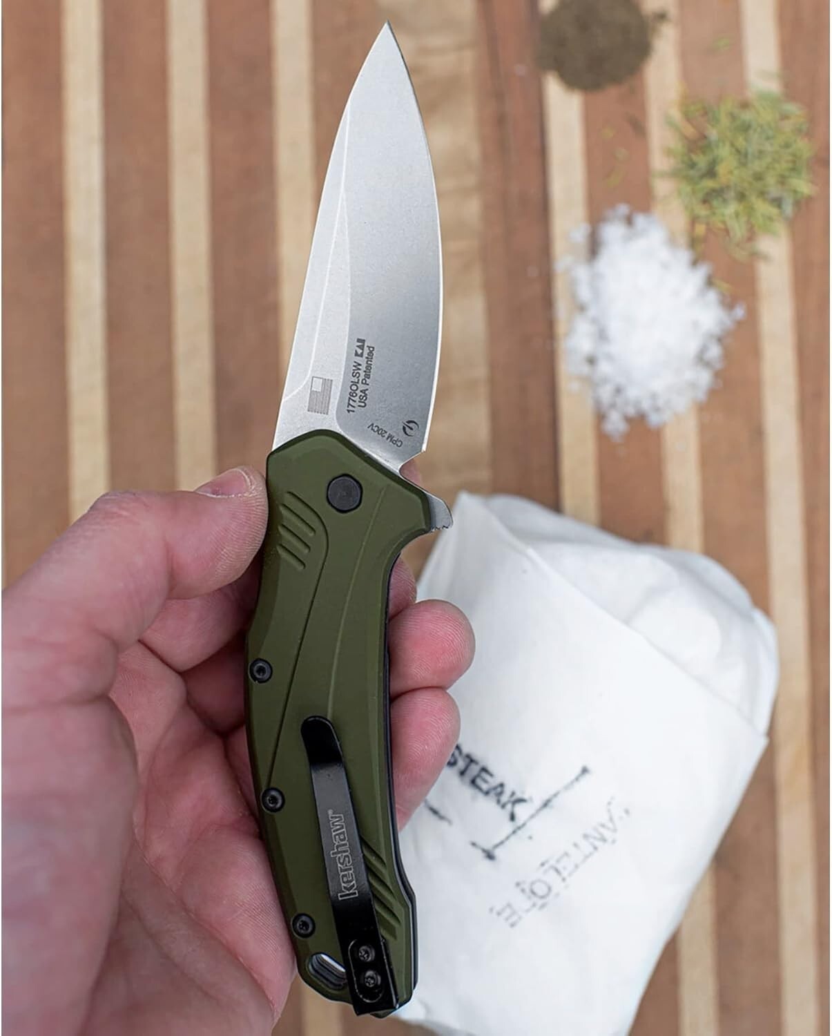 CPM 20CV Drop Point Pocketknife - Olive Aluminum Handle for Ambidextrous Carry