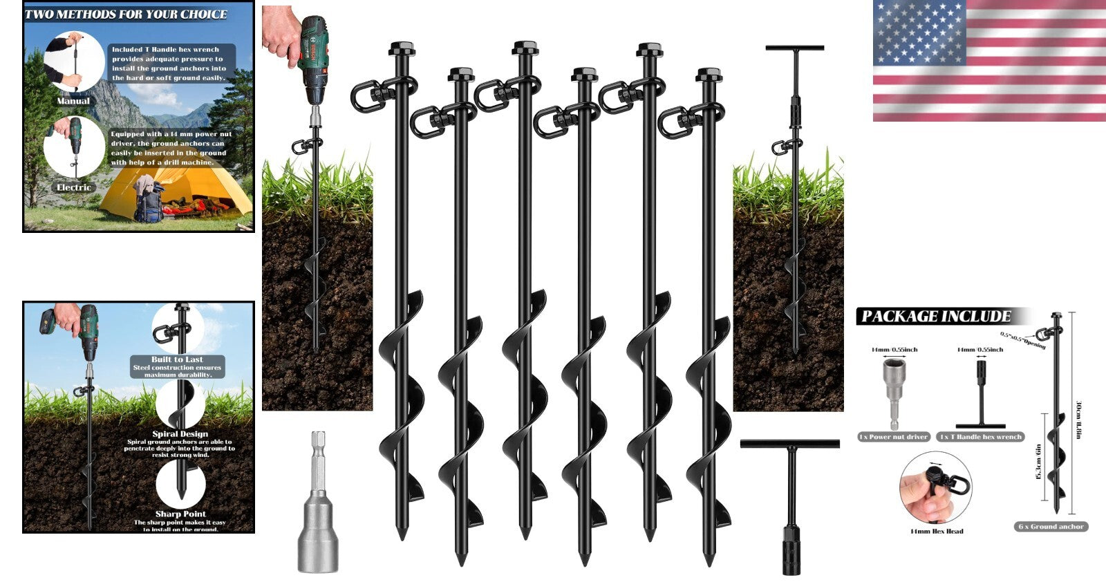 6 Heavy-Duty Spiral Ground Stakes with T-Handle Wrench - Perfect for Outdoors