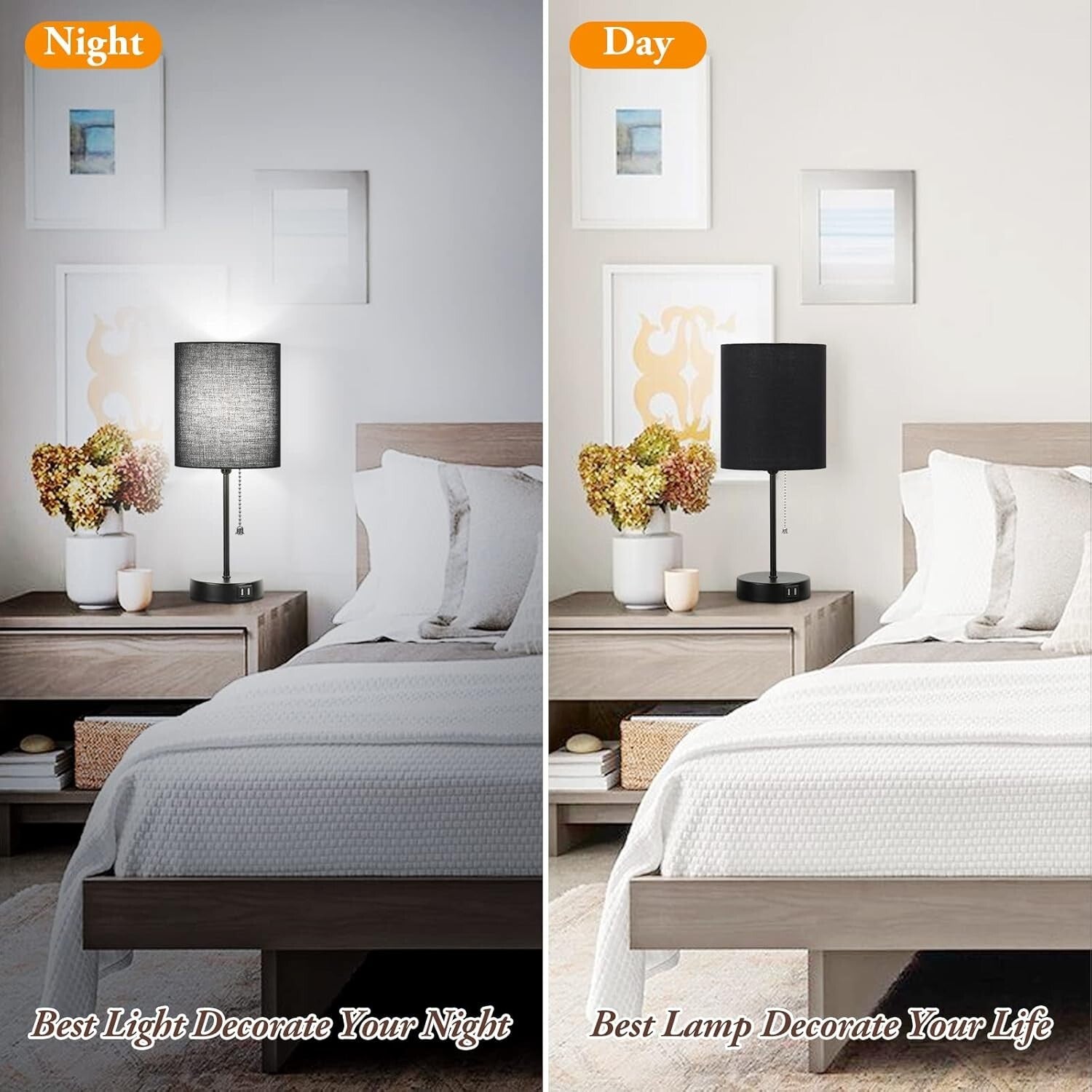 Contemporary Black Table Lamps Set with AC Outlet & Fabric Shade for Ambiance