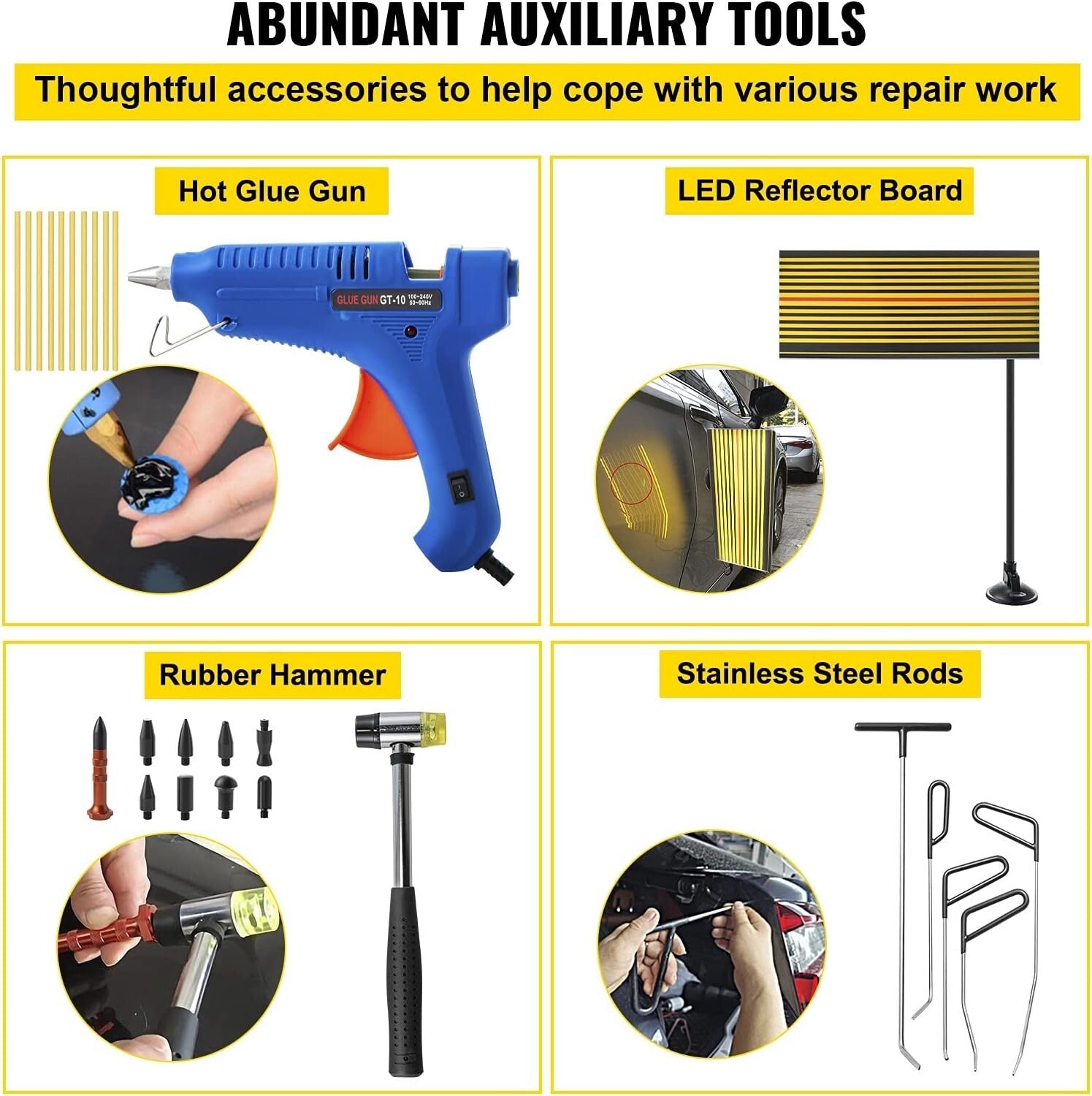 Stainless Steel Dent Removal Rods Kit with Glue Puller & Reflecting Board