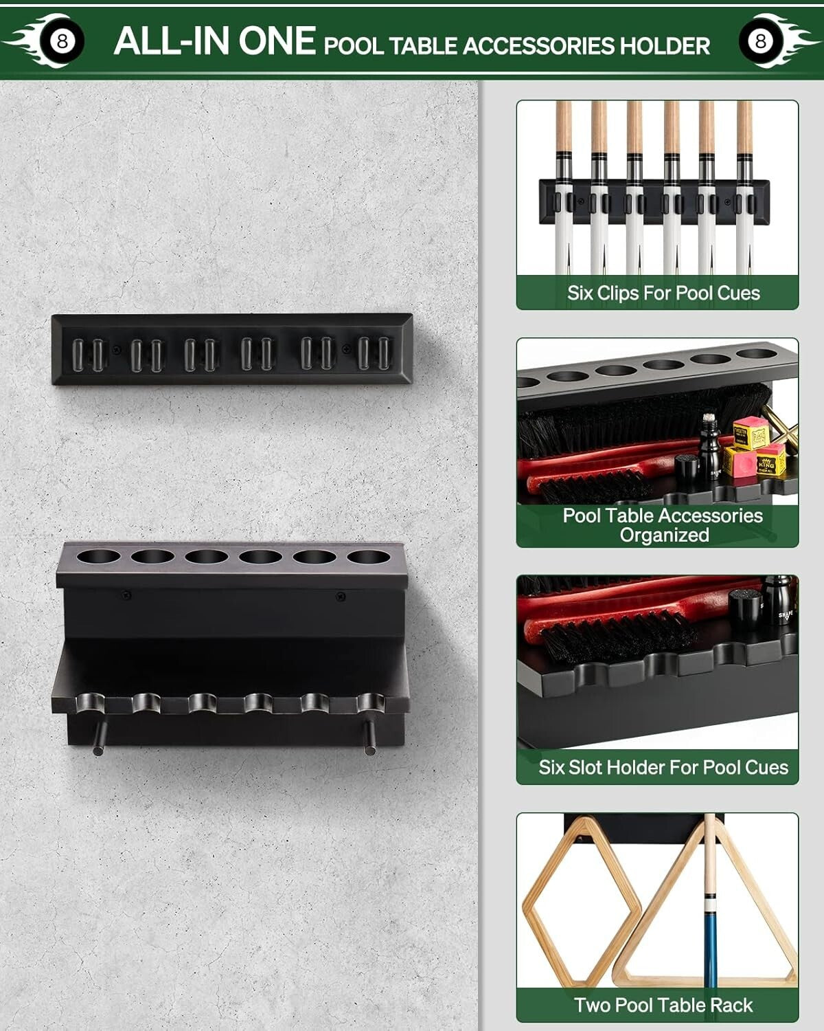 Classic Oak Pool Cue Storage Rack - Holds 6 Cues & Billiard Accessories