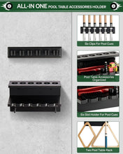 Load image into Gallery viewer, Classic Oak Pool Cue Storage Rack - Holds 6 Cues &amp; Billiard Accessories