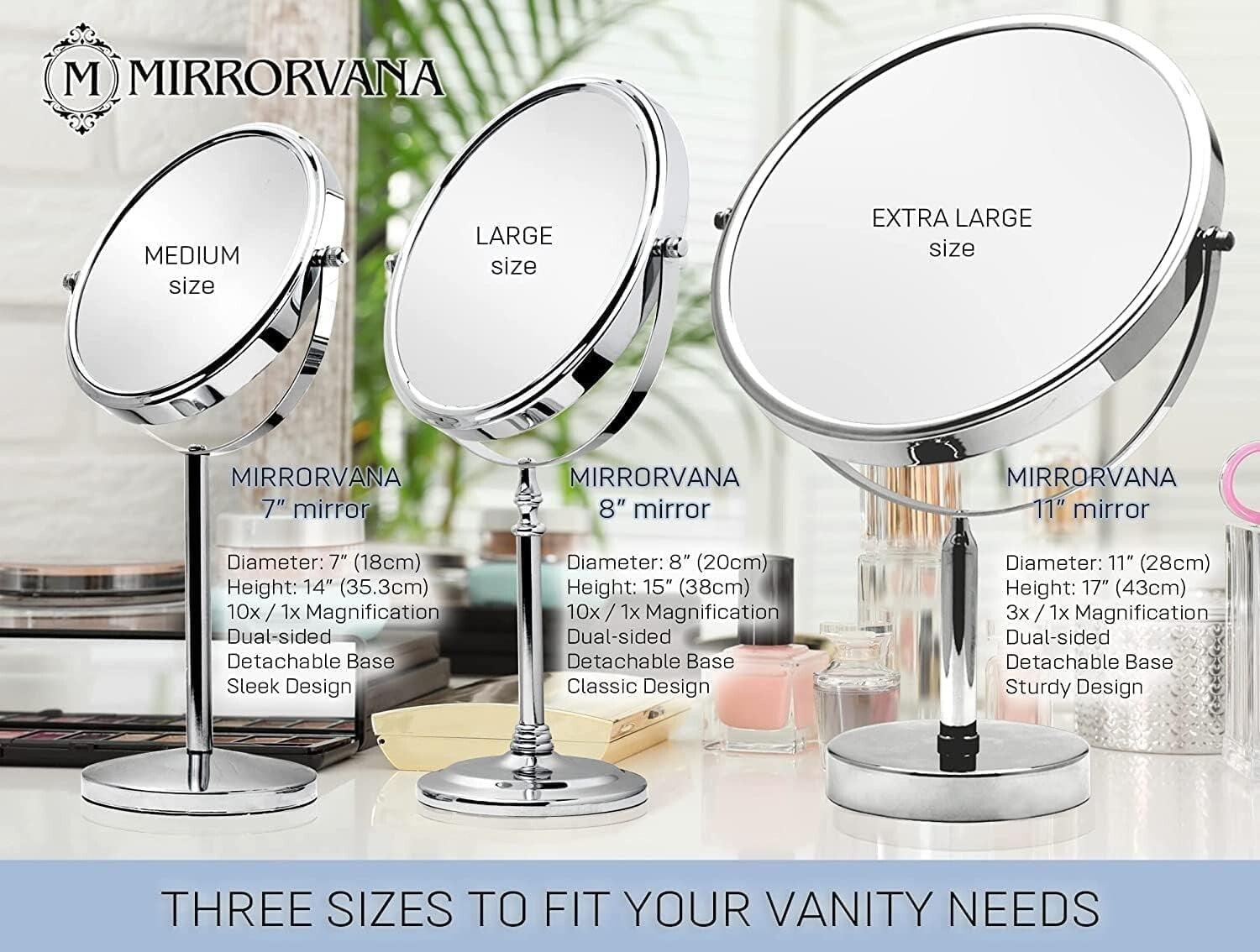 17" Tall Round Vanity Mirror with 3X Magnification - Chrome Polished Finish
