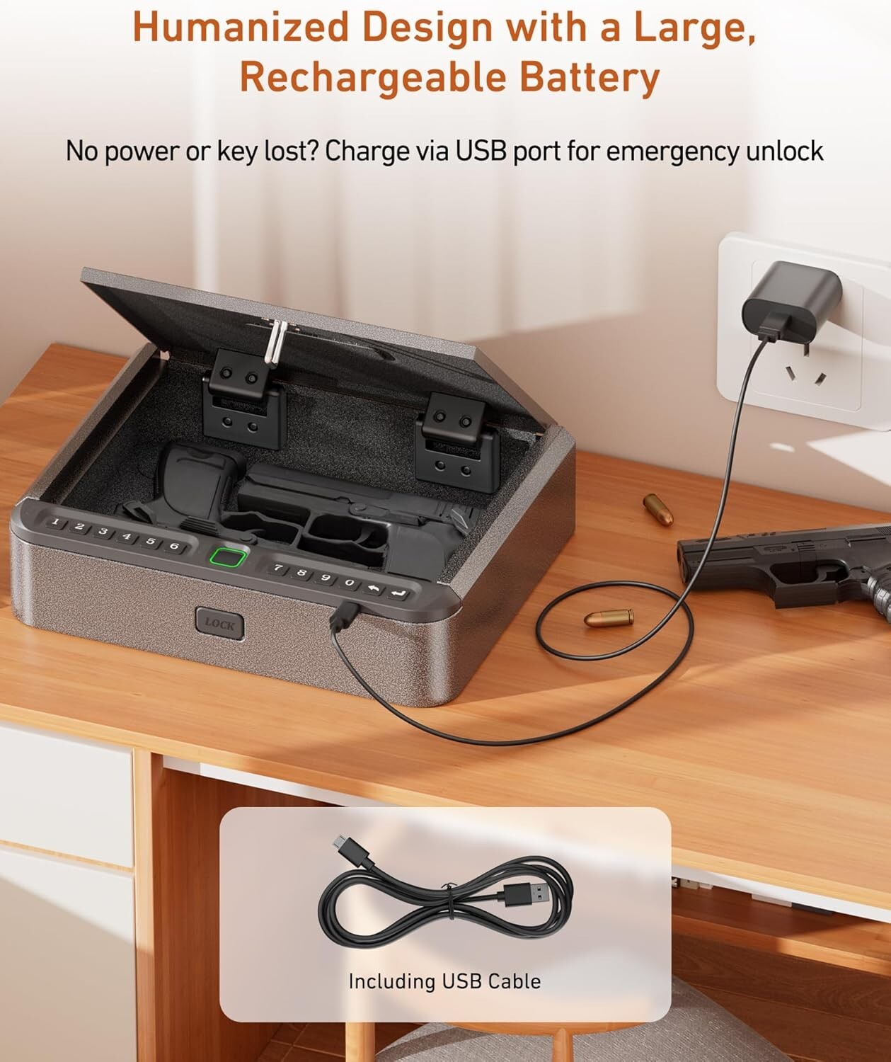 Durable Carbon Steel Gun Safe - Biometric, USB Charge, LED - 10.82"x8.66"x2.75"