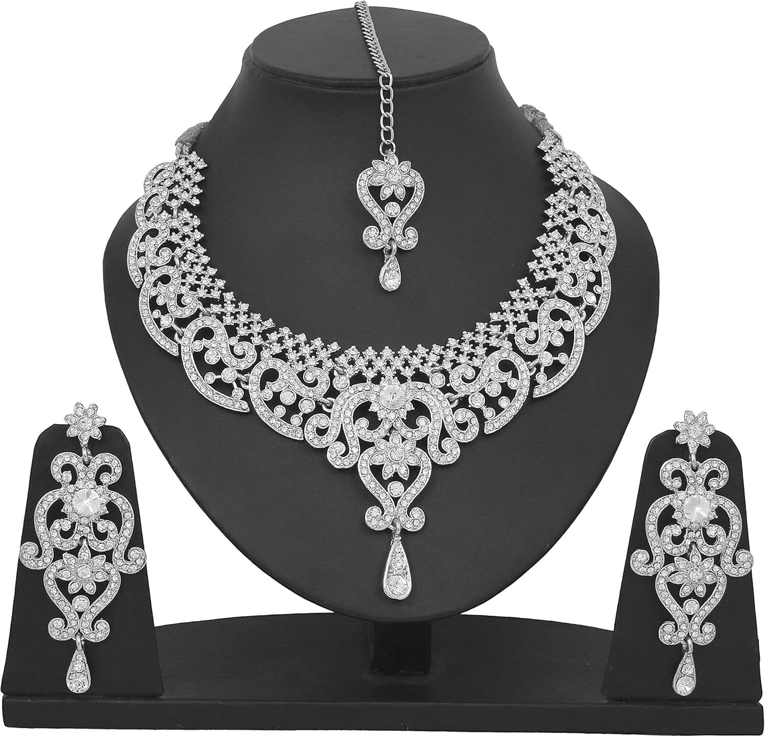 Bridal Elegance: White Crystal Jewelry Set with Necklace & Extra Long Earrings