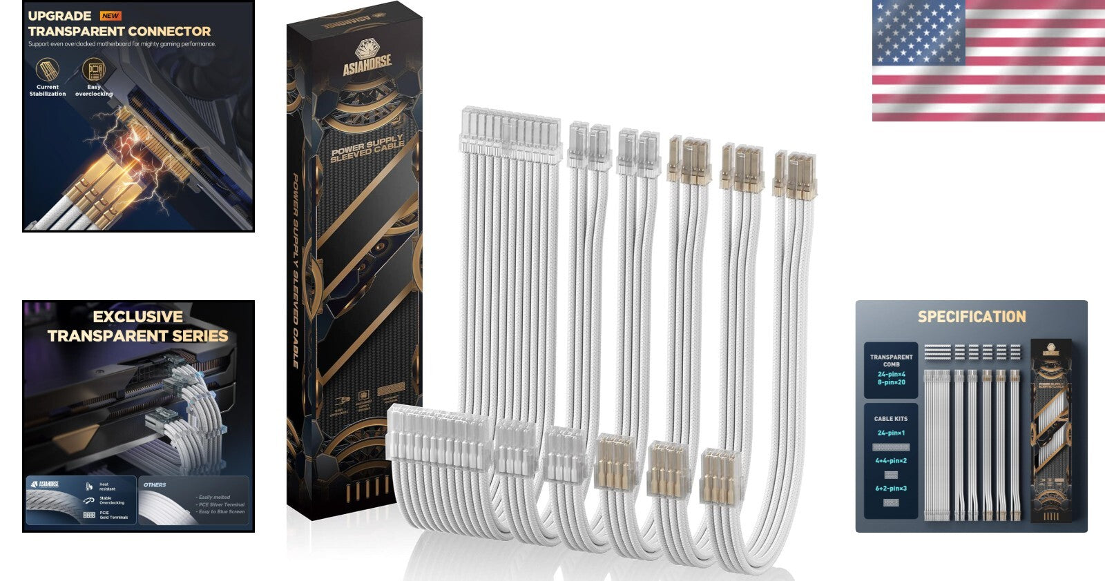High-Current 30CM PSU Extension Cable Set with Elegant White Design and Combs