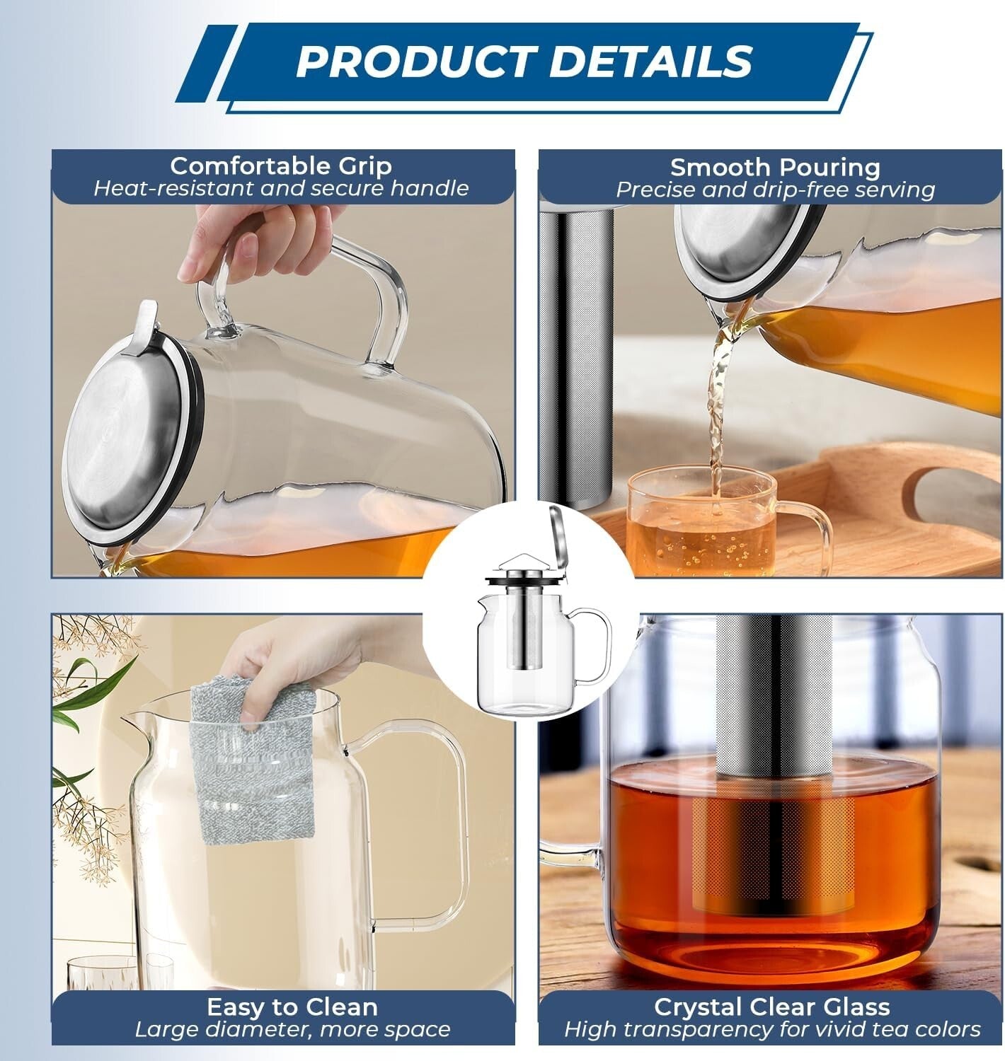 Extra-Large 85oz Borosilicate Glass Teapot with Removable Infuser for Families