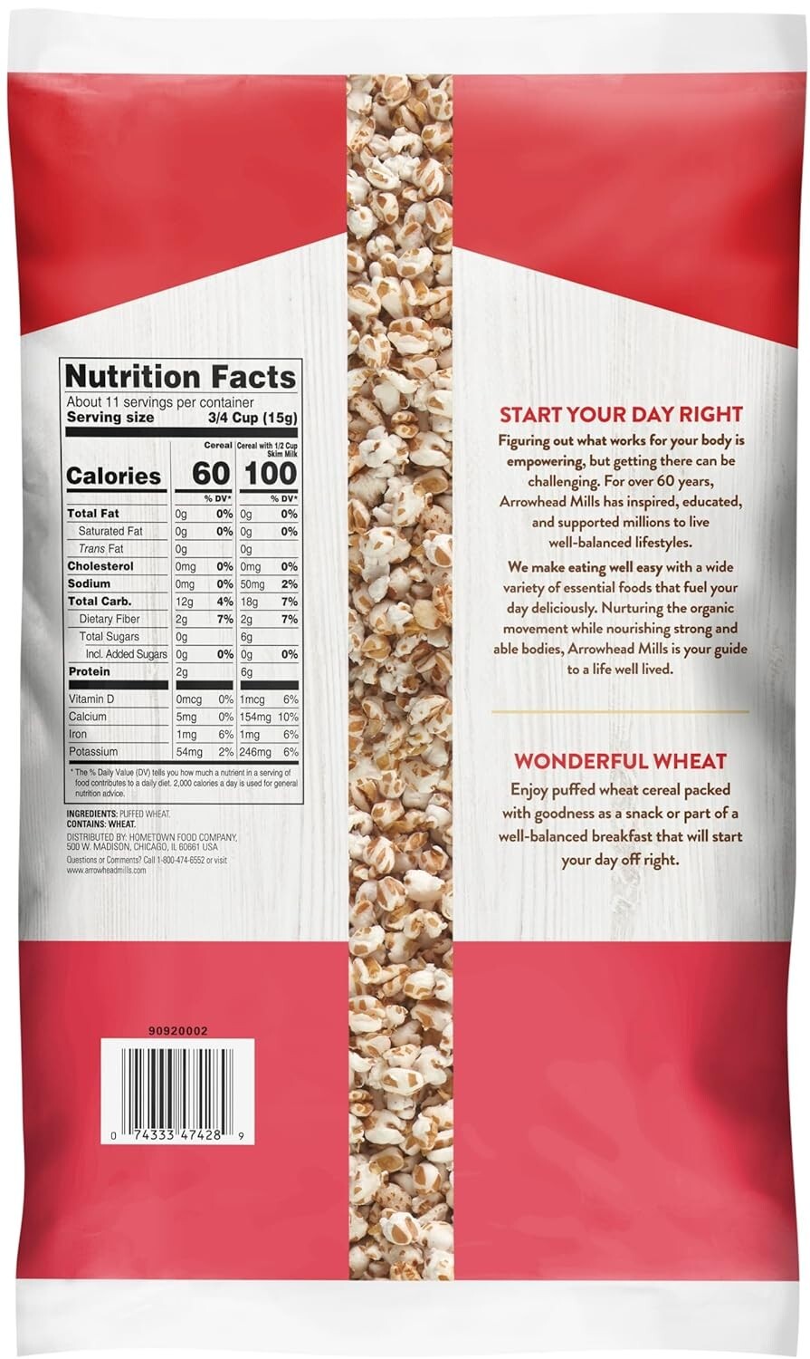 American Grain Puffed Wheat Cereal - 6 oz Bags, Pack of 12 for Balanced Mornings