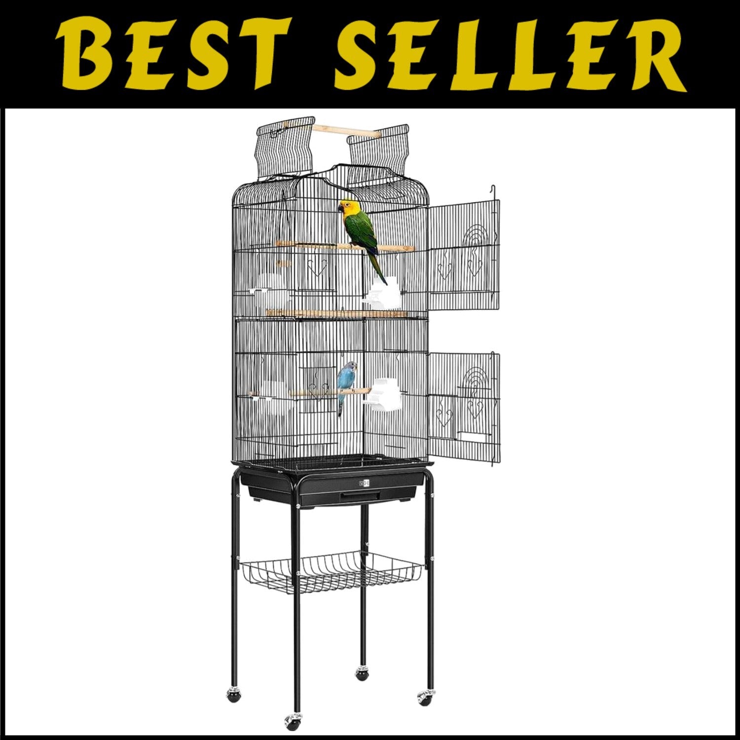Spacious Black Bird Cage with Play Top & Easy-Clean Sliding Tray - 64 Inch