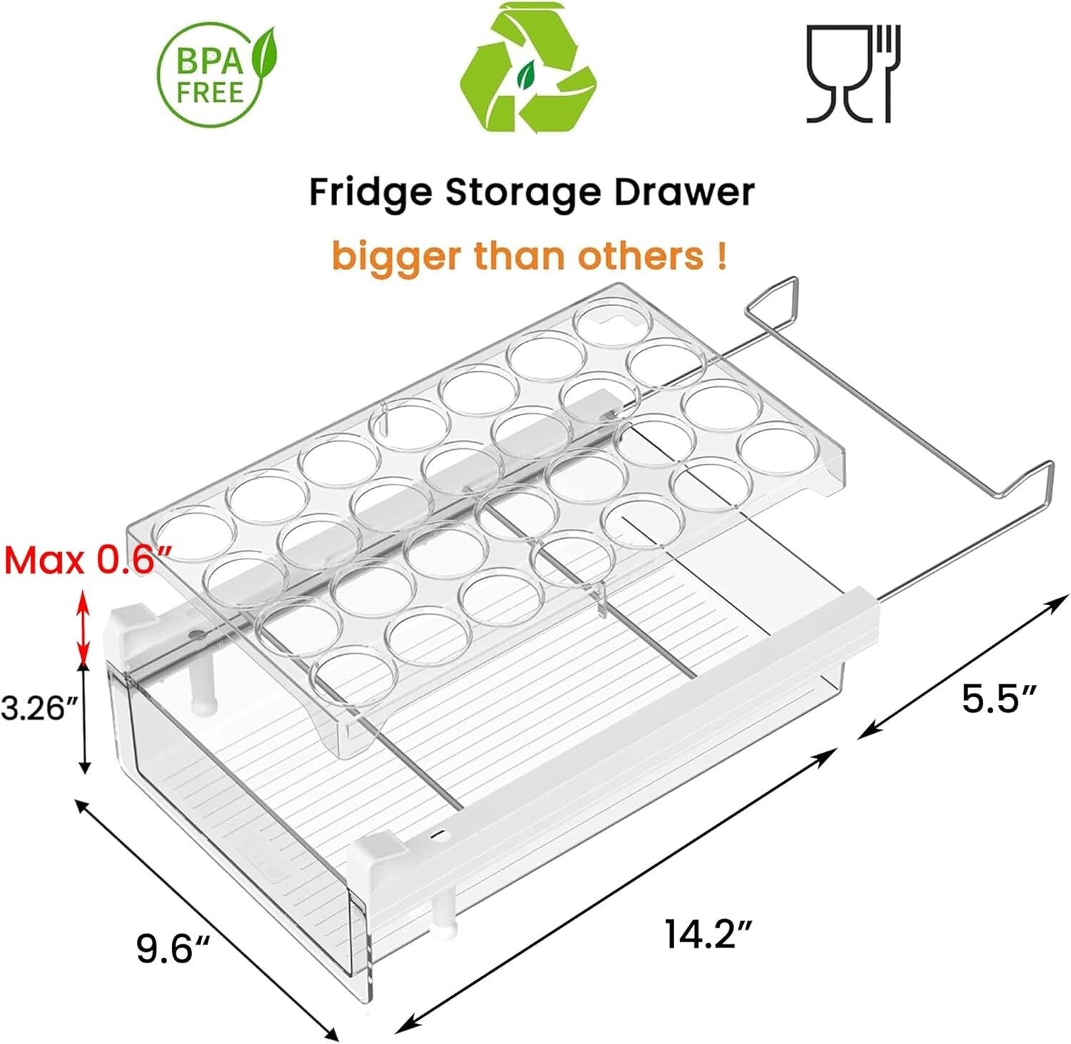 Large Clear Refrigerator Drawer with Removable Egg Tray - BPA Free Organizer