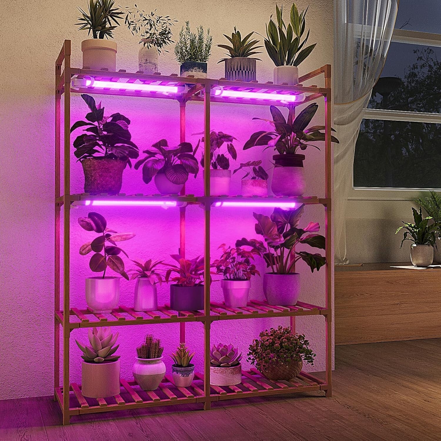Durable Carbonized Wood Plant Rack with Integrated Grow Light - 16 Pot Capacity