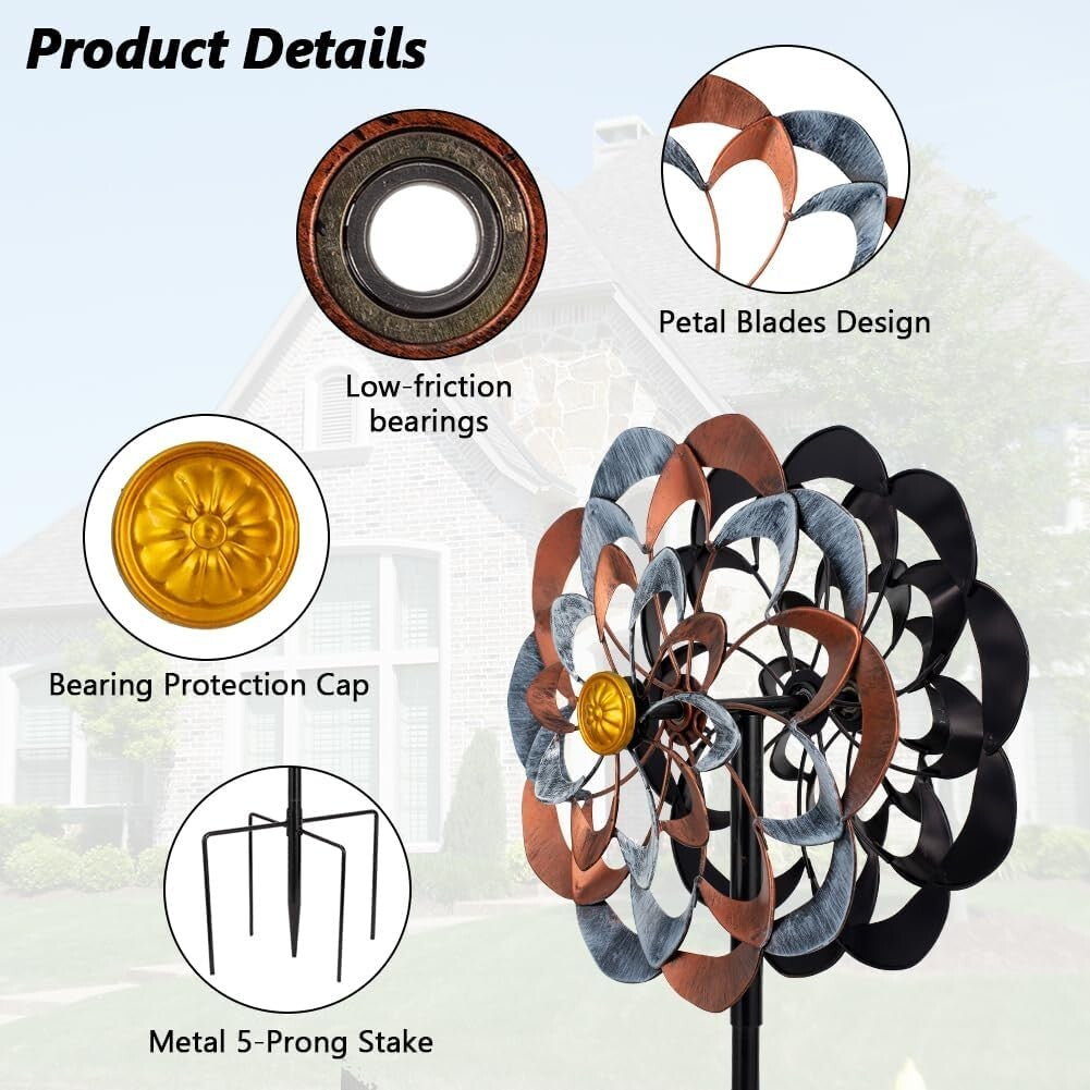 Elegant 360° Metal Wind Spinner Kinetic Garden Sculpture - Gray & Bronze 13 Inch