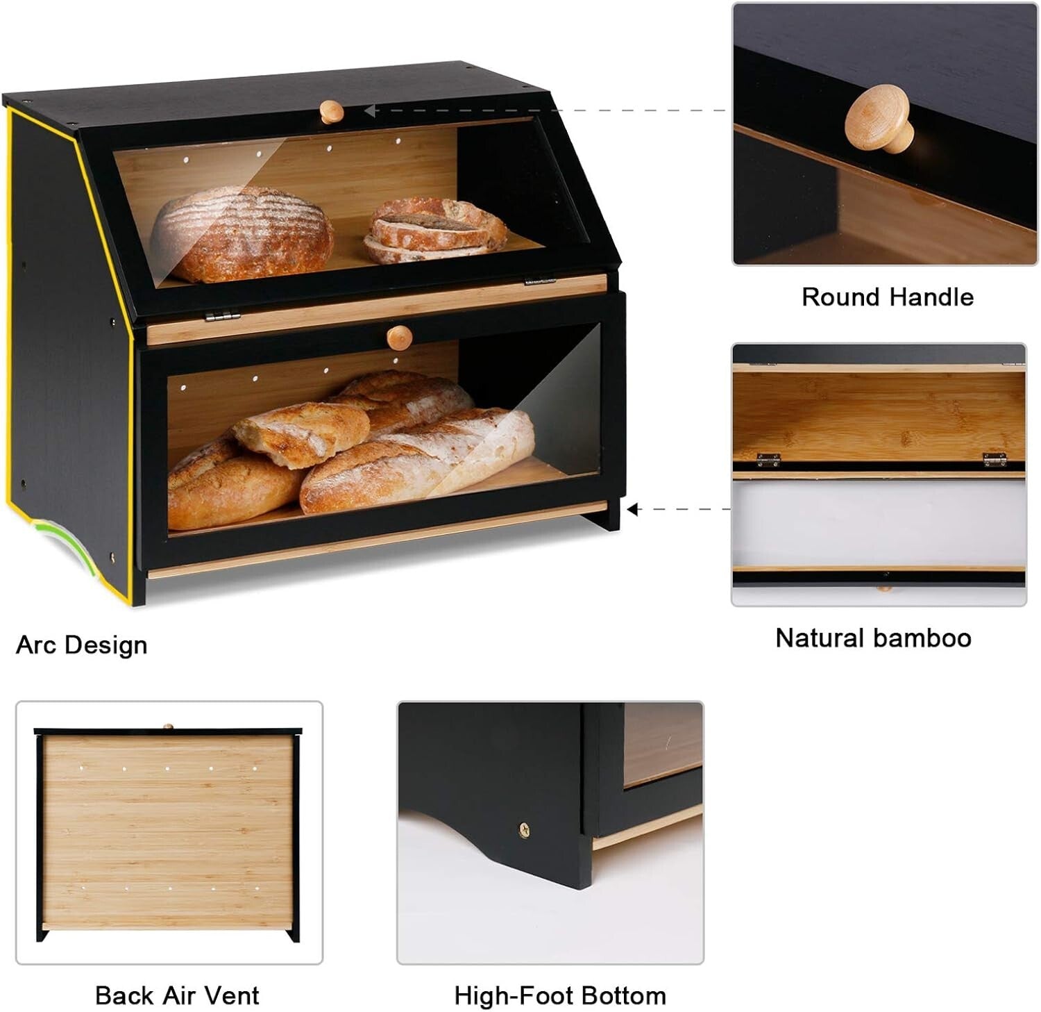 Elegant Black Bamboo Bread Box with Double Layers for Optimal Freshness