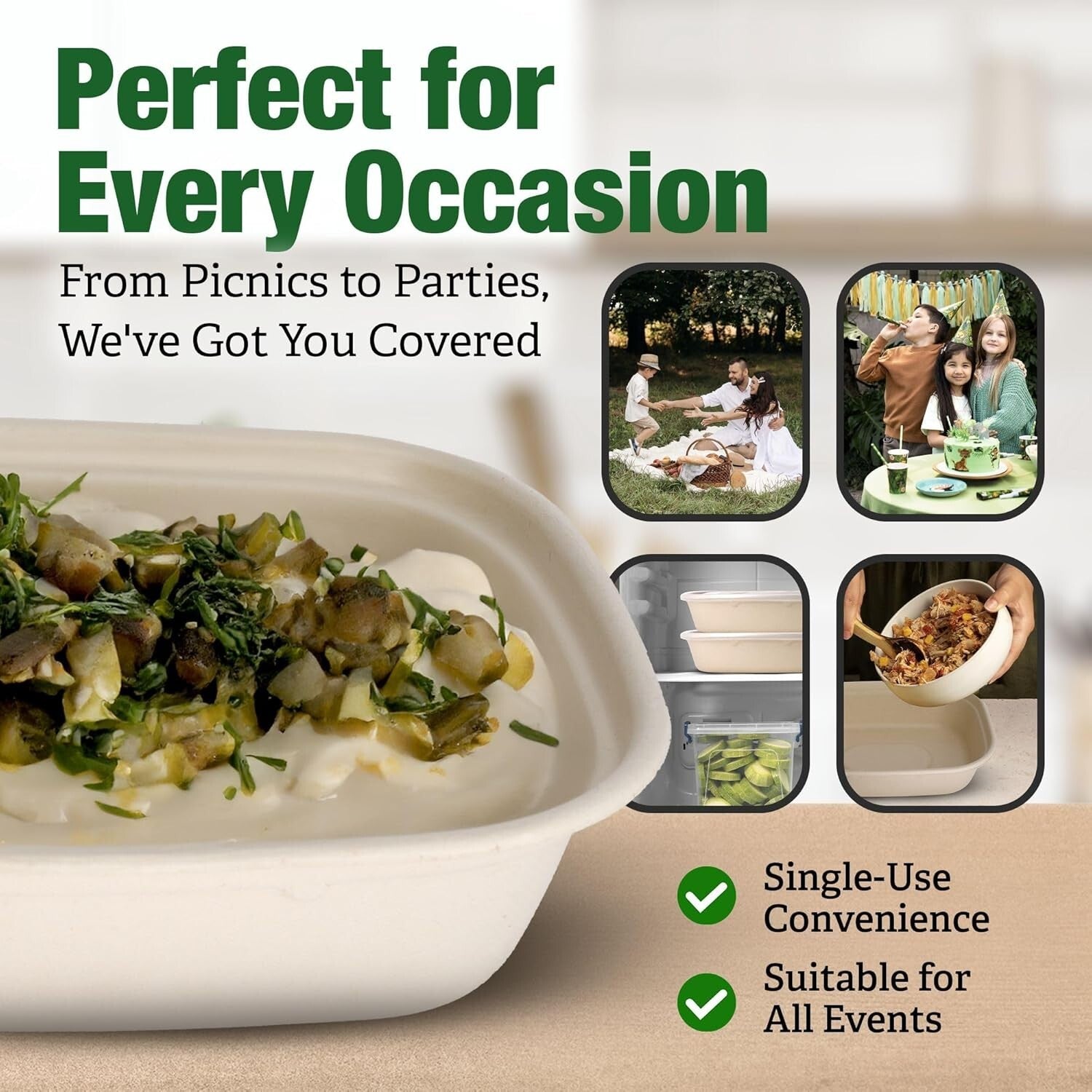 100 Pack 50 Oz Heavy Duty Compostable Paper Bowls - Leakproof and Microwave Safe