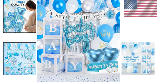 Complete Baby Boy Shower Decoration Kit - Balloon Arch, Centerpieces & More
