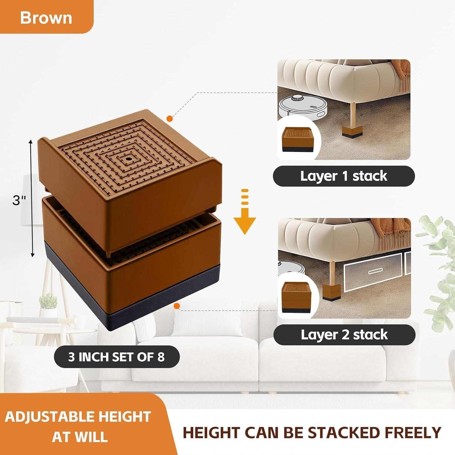 Elegant Brown Furniture Lifts 3-Inch Risers, Perfect for Beds & Sofas - 8 Pack