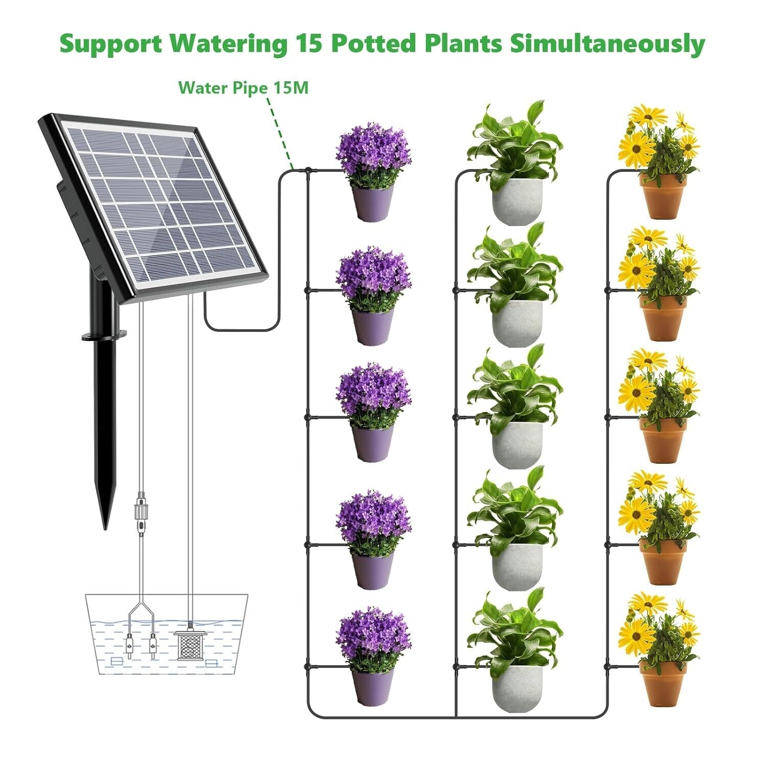 Effortless 15-Pot Solar Powered Drip Irrigation System for Indoor/Outdoor Use