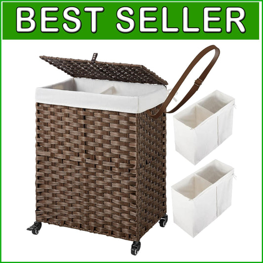90L Handwoven Laundry Hamper with Wheels - Stylish Dual Compartment Design