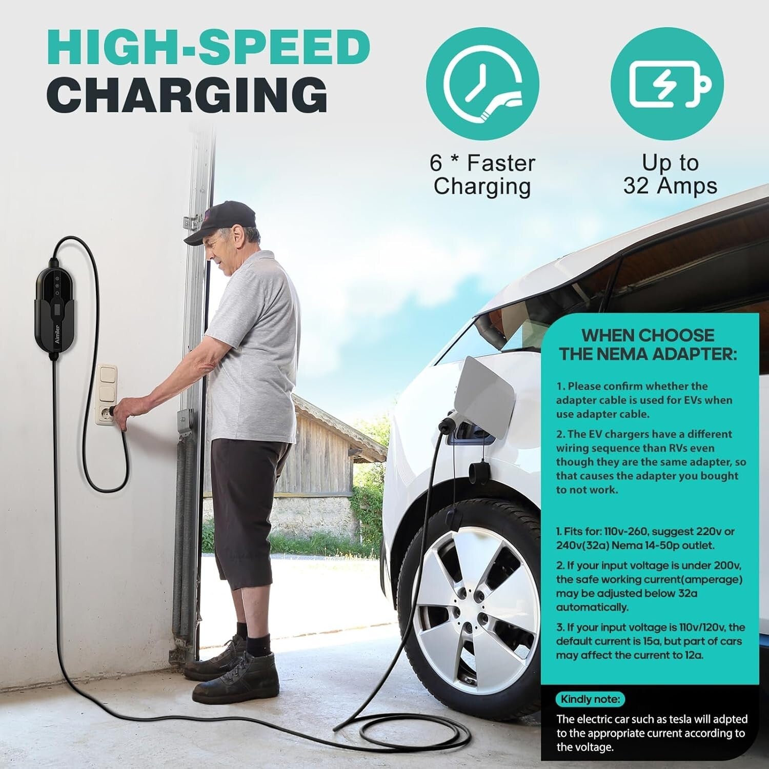High-Speed Level 2 32Amp EV Charger with NEMA 14-50 Plug - 25ft Cable Included
