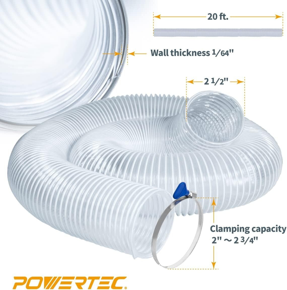 2-1/2" x 20' PVC Dust Collection Hose with 2 Stainless Steel Clamps - Worksho...