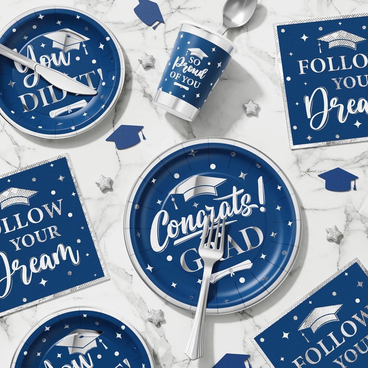 Blue & Silver Graduation Dinnerware Set - 350PCS for Class of 2025 Celebrations