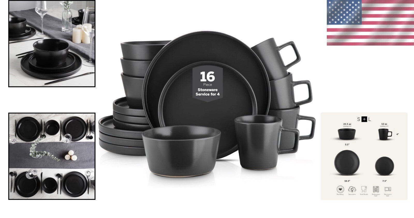 Chic 16-Piece Black Matte Dinnerware Set with Ergonomic Mugs - Durable Stoneware