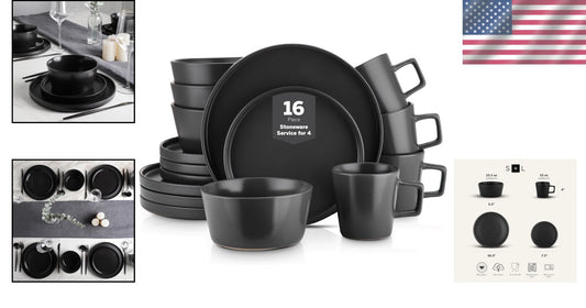 Chic 16-Piece Black Matte Dinnerware Set with Ergonomic Mugs - Durable Stoneware