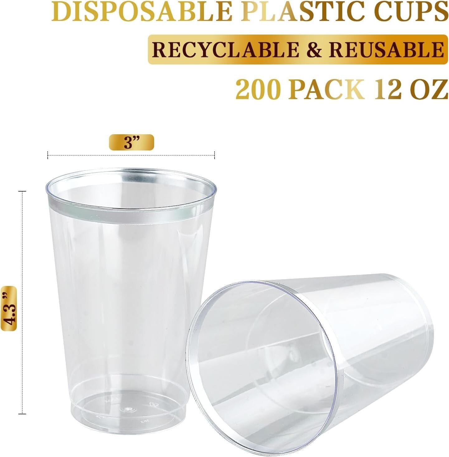 Sturdy 12 oz Clear Plastic Cups with Silver Rim - Perfect for Weddings & Events