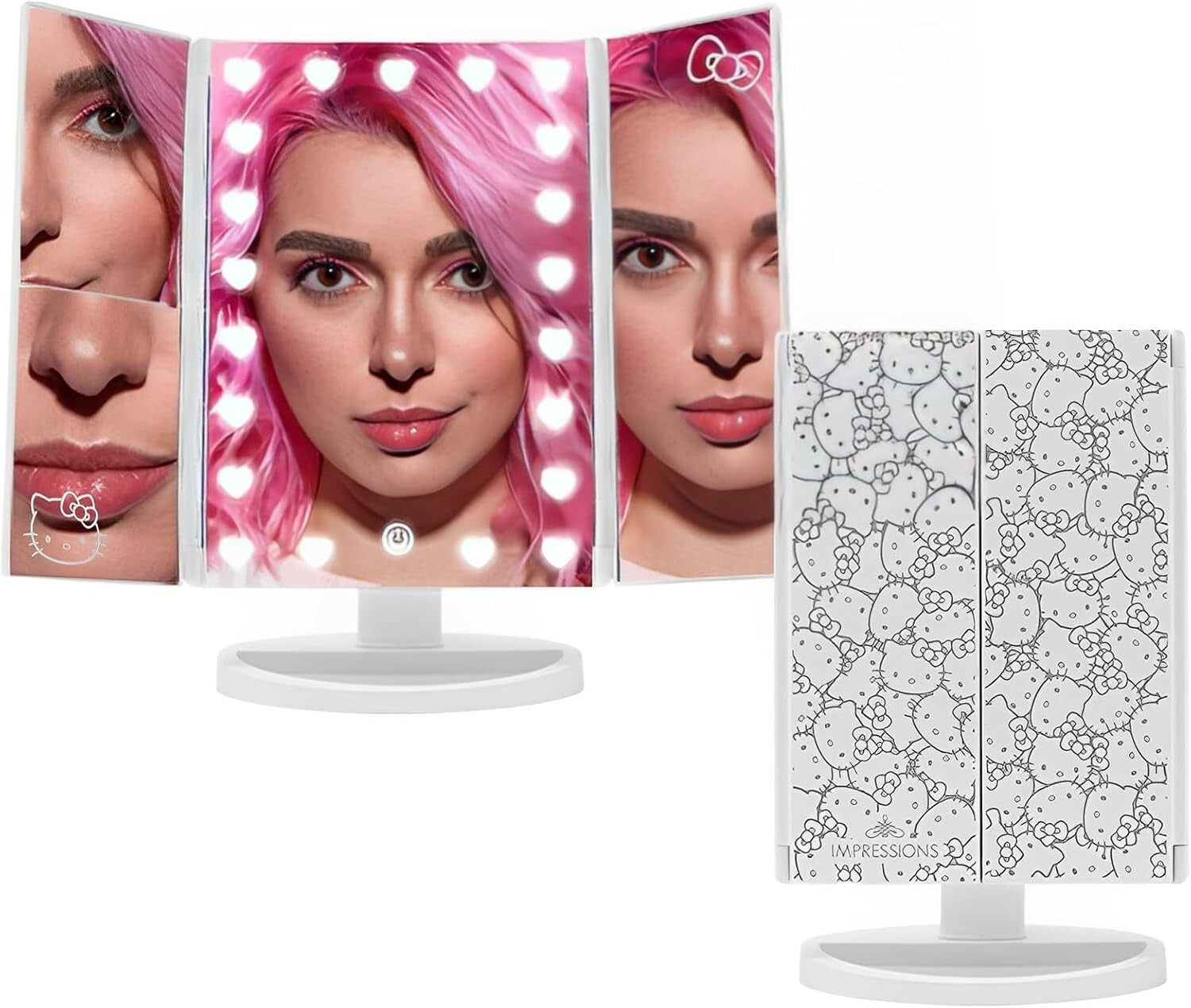 Portable Hello Kitty Trifold Mirror with LED Lights and Magnification Features