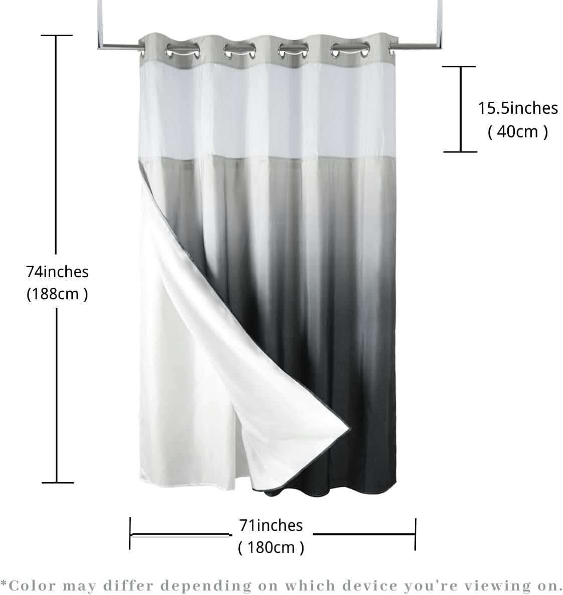 Elegant Gradient Grey Waterproof Shower Curtain with Snap Liner - 71" W x 74" L