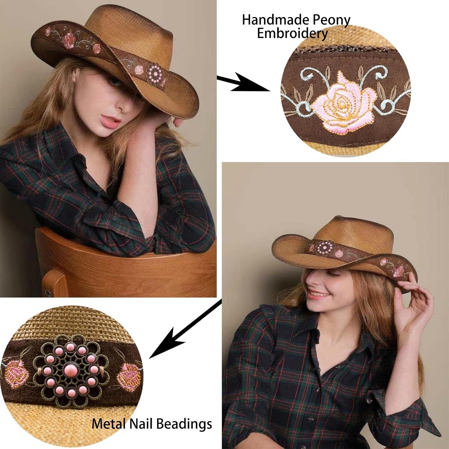 Handmade Brown Cowgirl Hat with Unique Peony Embroidery - Women’s Western Style