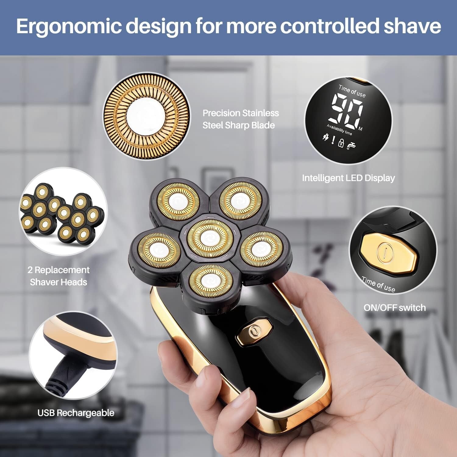 Rechargeable Rotary Electric Razor for Bald Men - Wet & Dry Grooming Made Easy