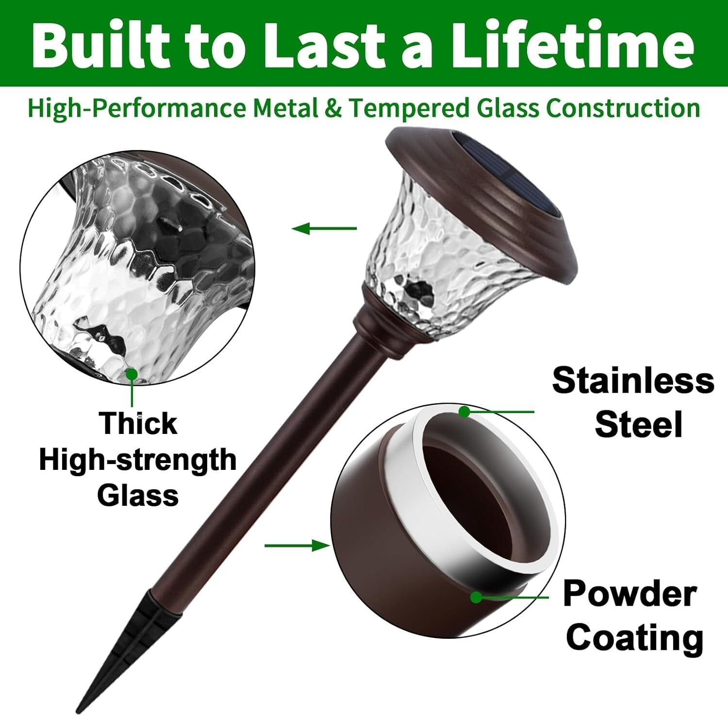 Solar Powered 8 Pack Pathway Lights - Durable Metal & Glass, 3 Lighting Modes