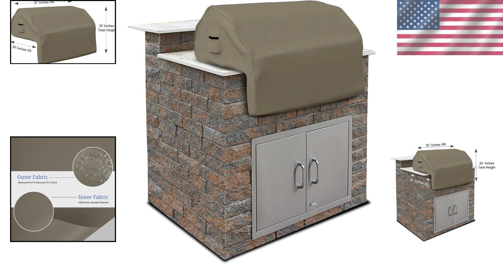 12 Oz Waterproof Outdoor Grill Cover - Durable Snug Fit 32"x26" Beige