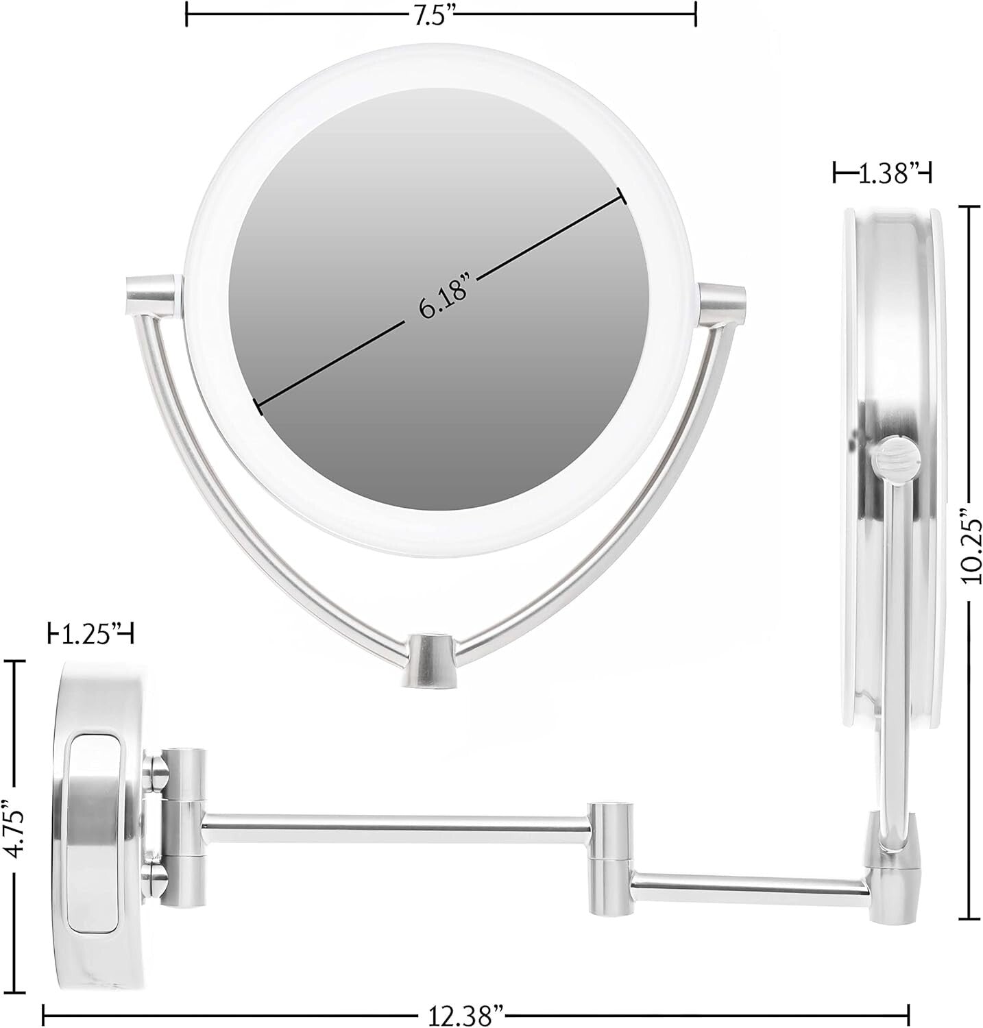 7.5" Lighted Wall Mount Makeup Mirror - 1X/10X Dual Magnification & Dimmable LED