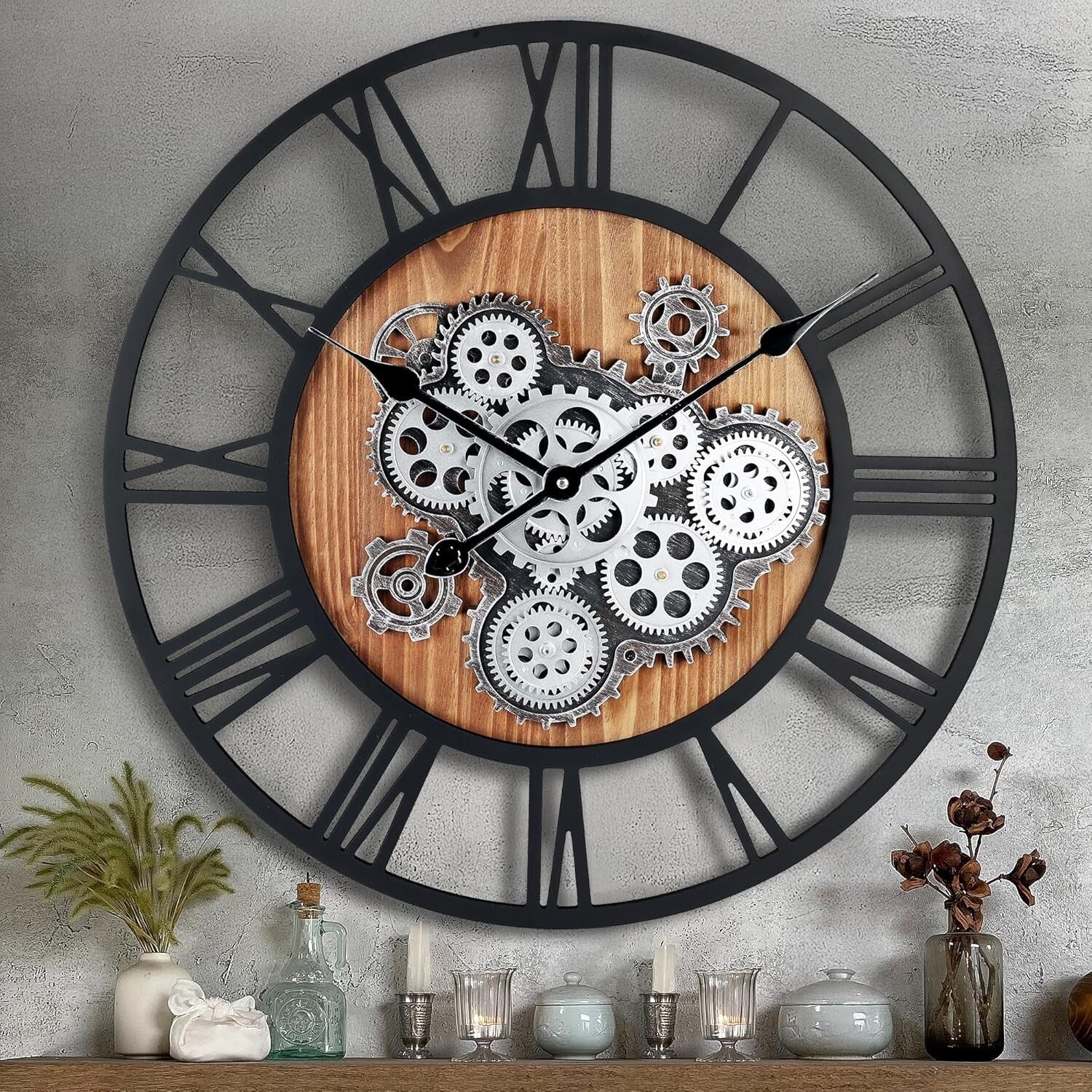 Rustic 23-Inch Wall Clock with Real Gears and Roman Numerals for Kitchen