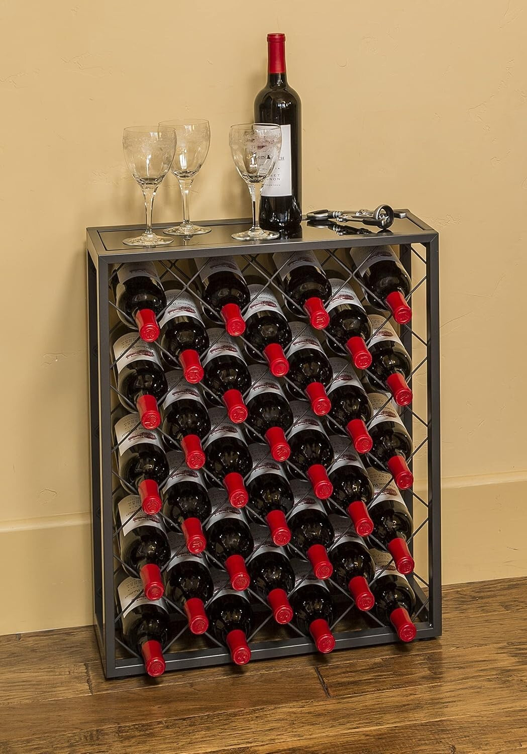 Modern Free-Standing Wine Rack with Tempered Glass Top - Holds 32 Bottles