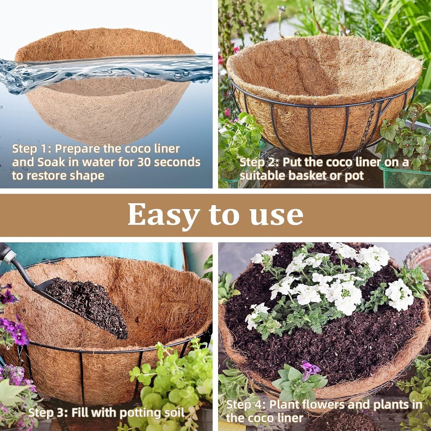 Moisture-Retaining Coconut Coir Liners for 20-Inch Hanging Plants - 4 Pack