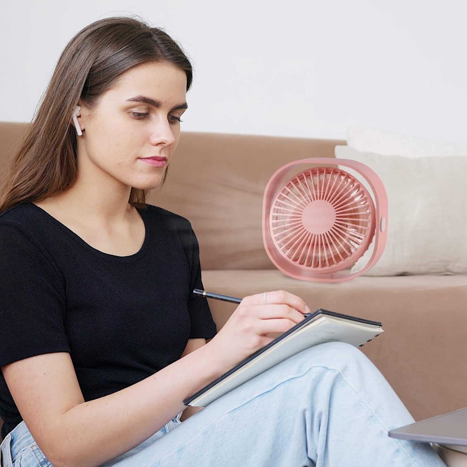 2-Piece Ultra Quiet Portable Pink Table Fan with 360° Rotation & USB Power