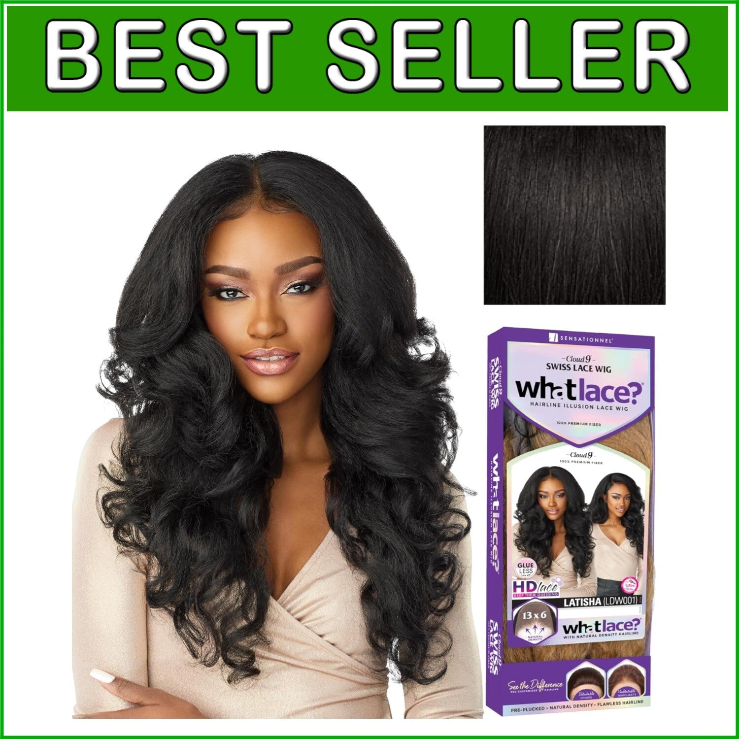 What Lace 13X6 Glueless Synthetic Wig with Pre-Plucked Hairline in Off Black 1B