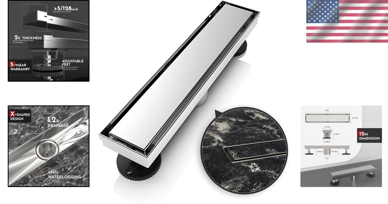 Modern 12" Brushed Stainless Steel Shower Drain with Hair Strainer & Accessories