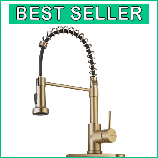 Brushed Gold Brass Kitchen Faucet with Pull Down Sprayer for Modern Utility