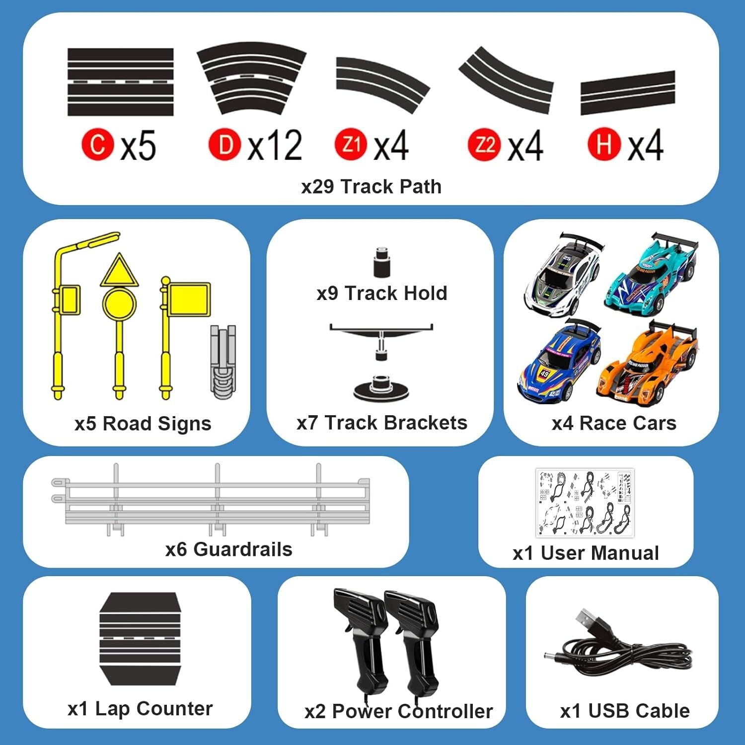 Electric Slot Car Race Track Set: 16ft with 4 High-Speed 1:43 Cars & Controllers