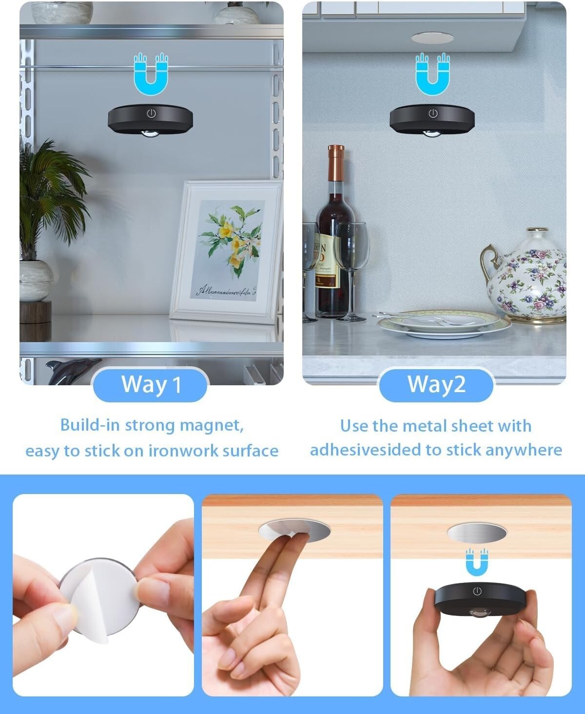 6 Pack of Dimmable Rechargeable Under Cabinet Lights with Remote Control & Timer