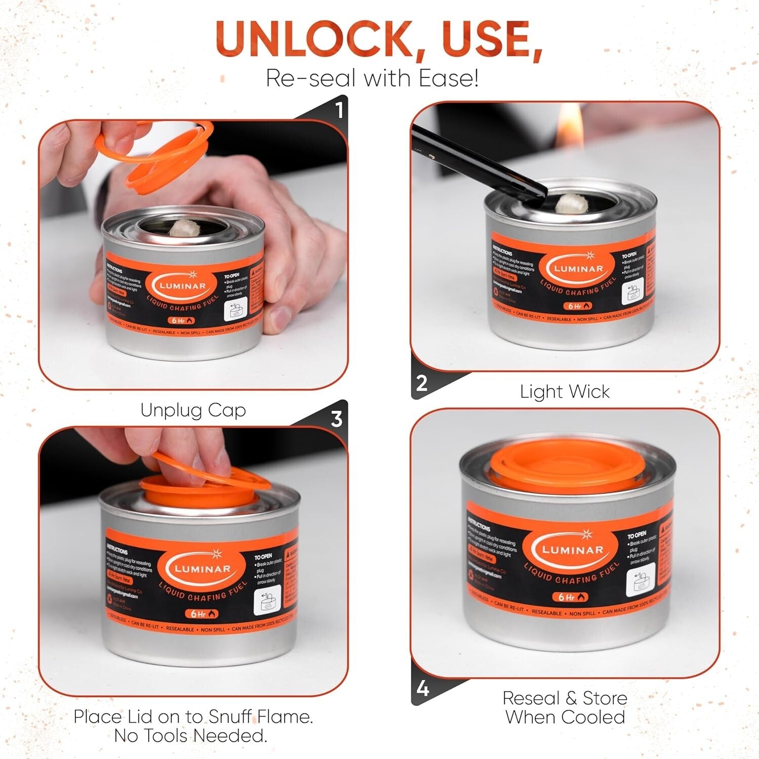 Long-Lasting 6 Hour Resealable Chafing Fuel Cans - Spill-Free Event Solution