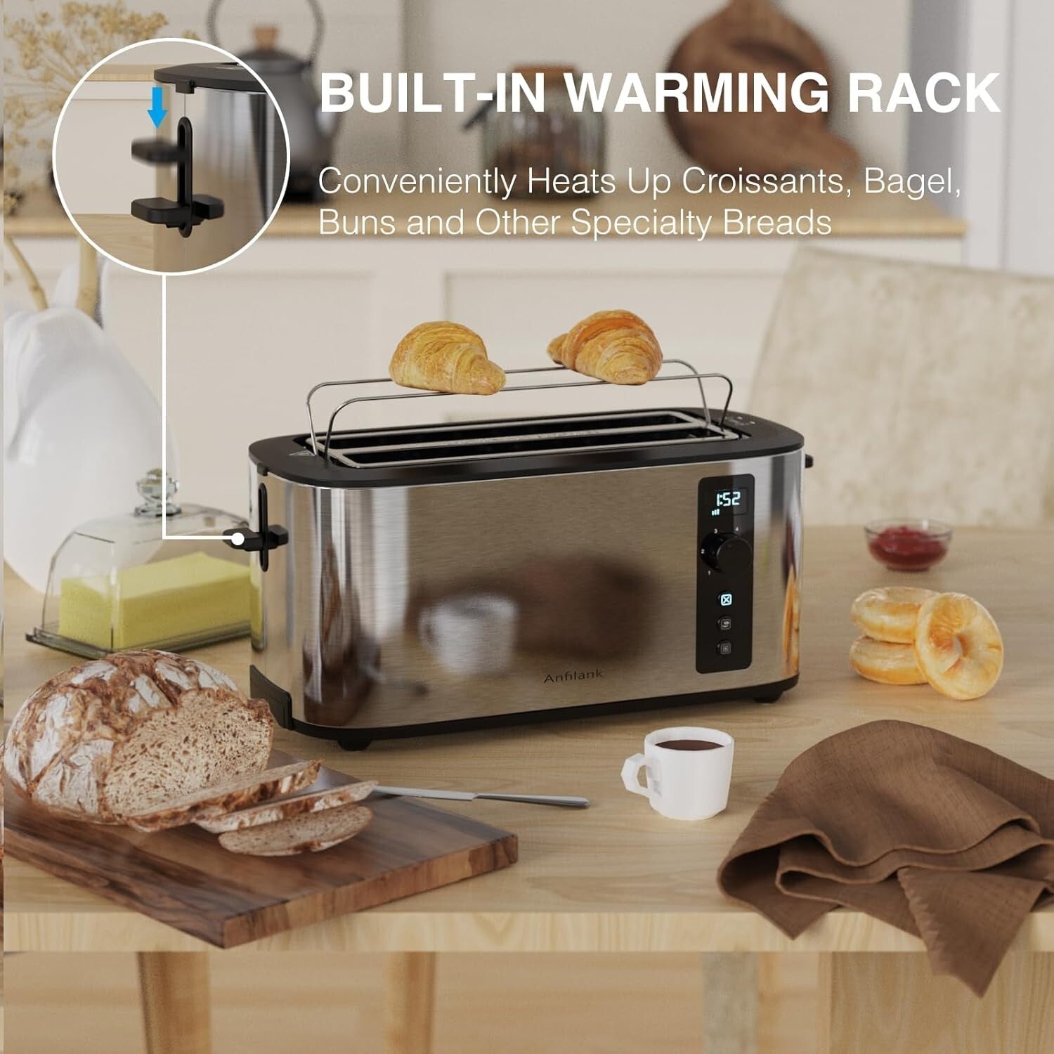 Elegant 4-Slice Toaster with 1.5" Slots & 6 Browning Settings – Ideal for Bagels