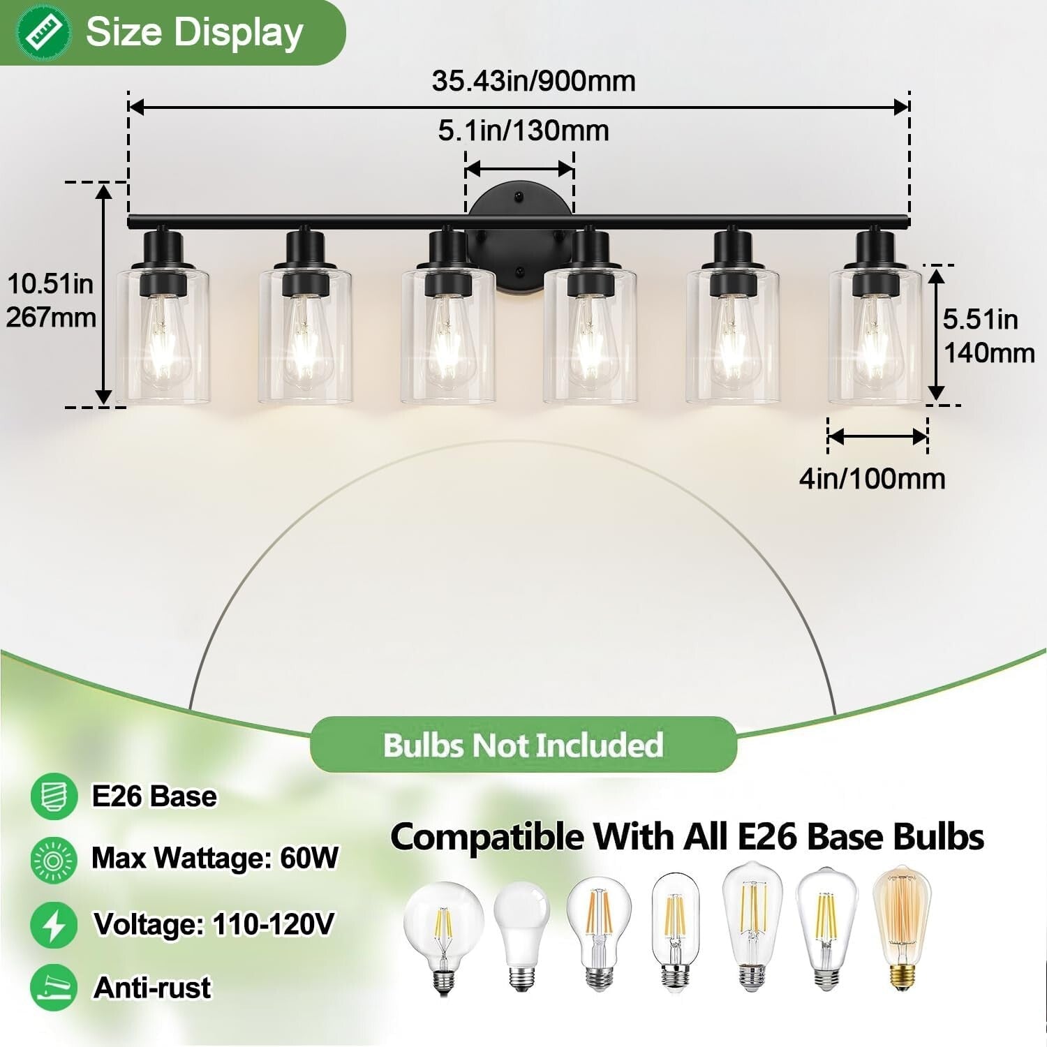 Stylish Black 6-Light Vanity Light with Reversible Mount & LED Compatibility